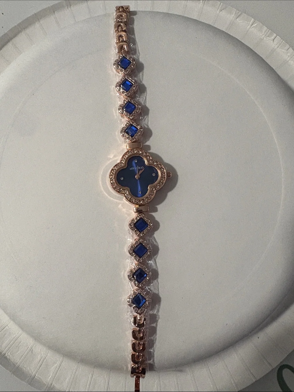 Women's Rose Gold Bracelet Watch with Blue Dial and Crystal Accents